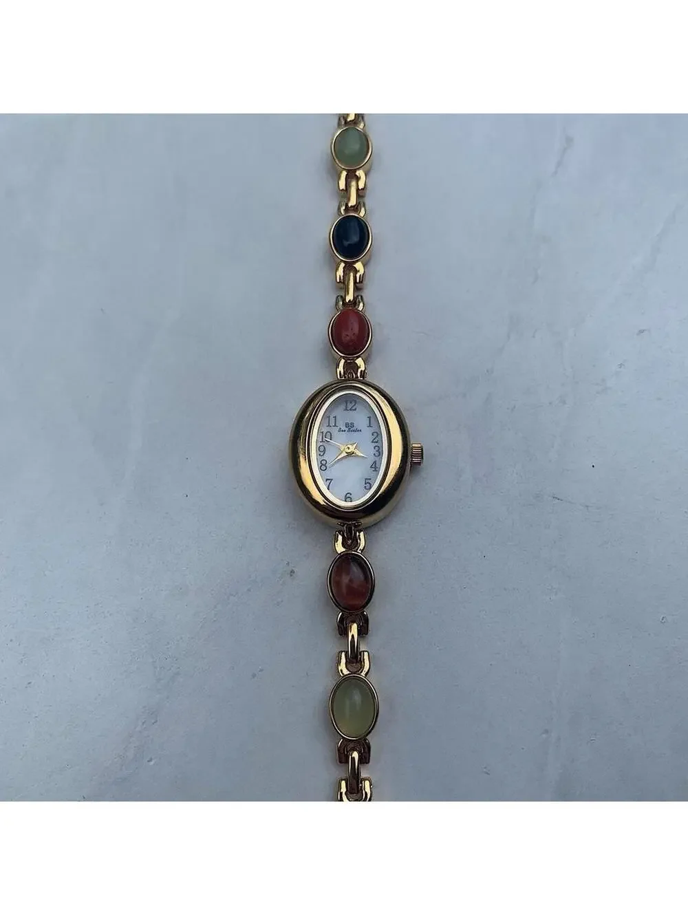 Boho Indie style Gold style tone quartz watch with glass multi color jade stone